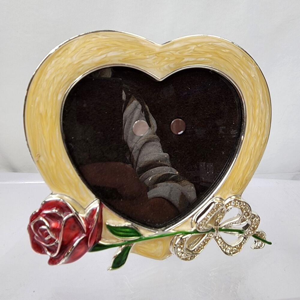 Gorham 1831 Heart Shaped Mini 4" Table Top Picture Frame With A Rose And Bow